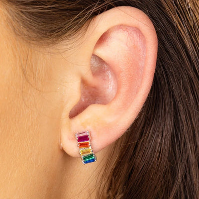 Rainbow baguette huggie earrings